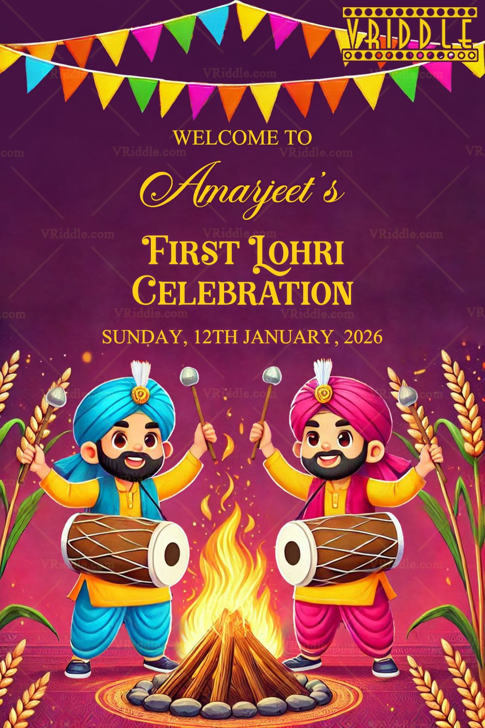 Animated Dhol Players Lohri Poster with Warm Bonfire Design