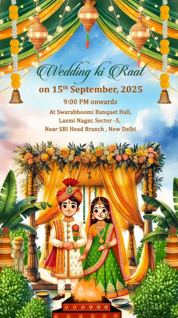 Animated Wedding Invitation Video with Floral Mandap, Bride and Groom Illustration