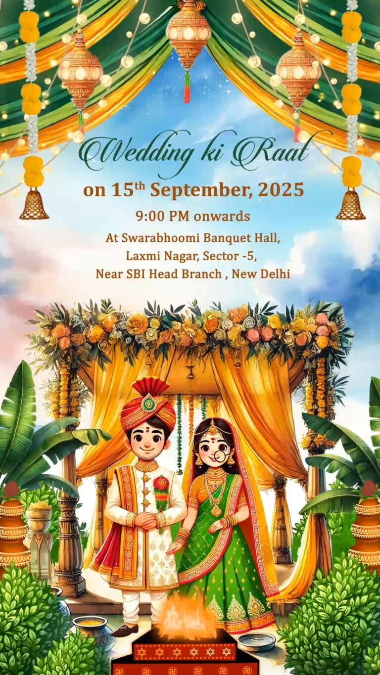 Animated Wedding Invitation Video with Floral Mandap, Bride and Groom Illustration