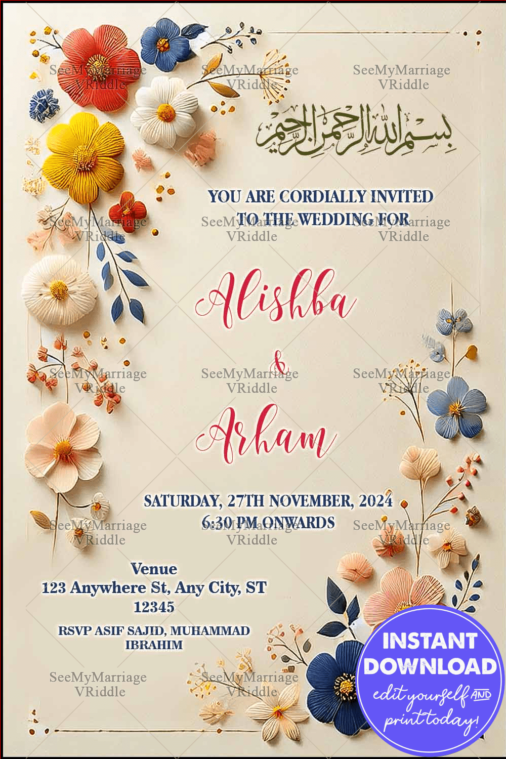 Arabic Wedding Invitation with Vibrant Floral Motifs and a Cream Background