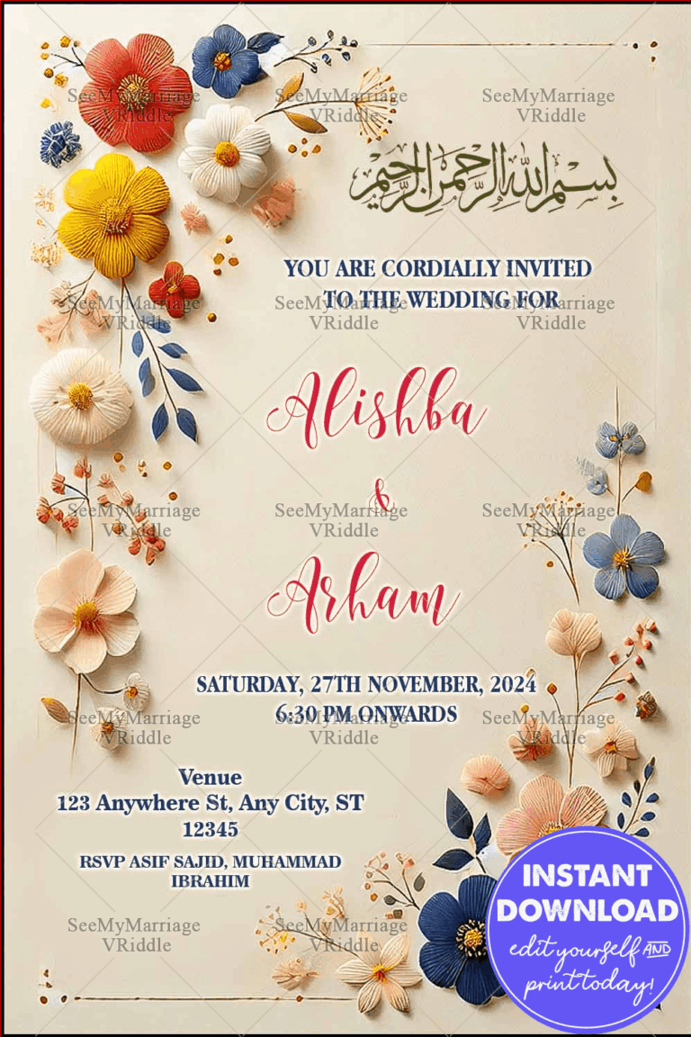 Arabic Wedding Invitation with Vibrant Floral Motifs and a Cream Background