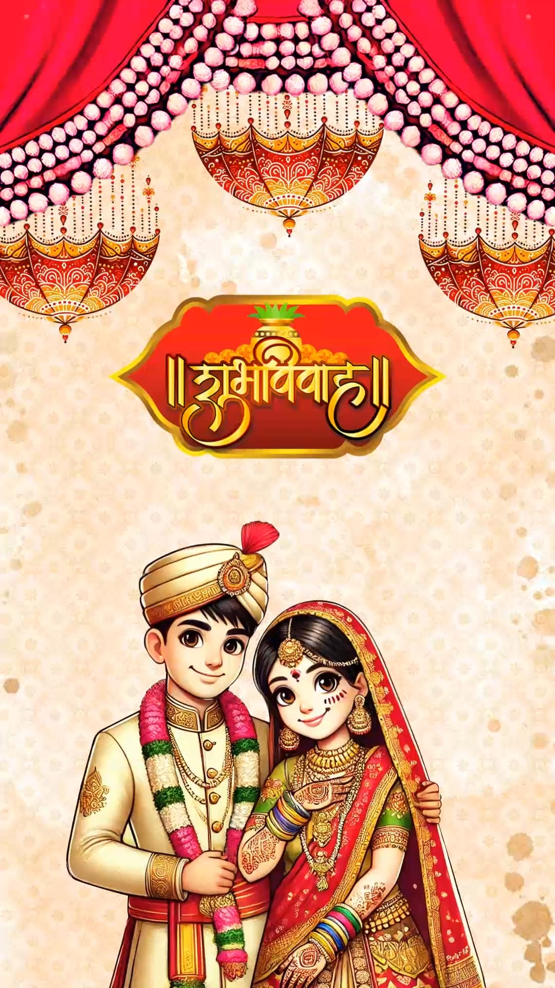 Artistic Hindi Wedding Invitation Video with Bride and Groom in Traditional Attire and Red Design