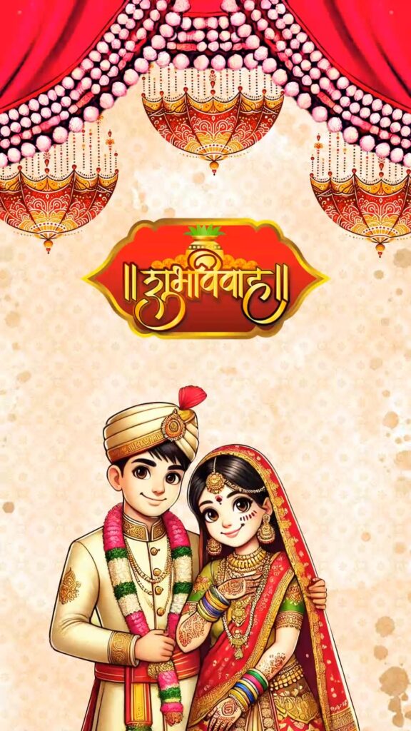 Artistic Hindi Wedding Invitation Video with Bride and Groom in Traditional Attire and Red Design
