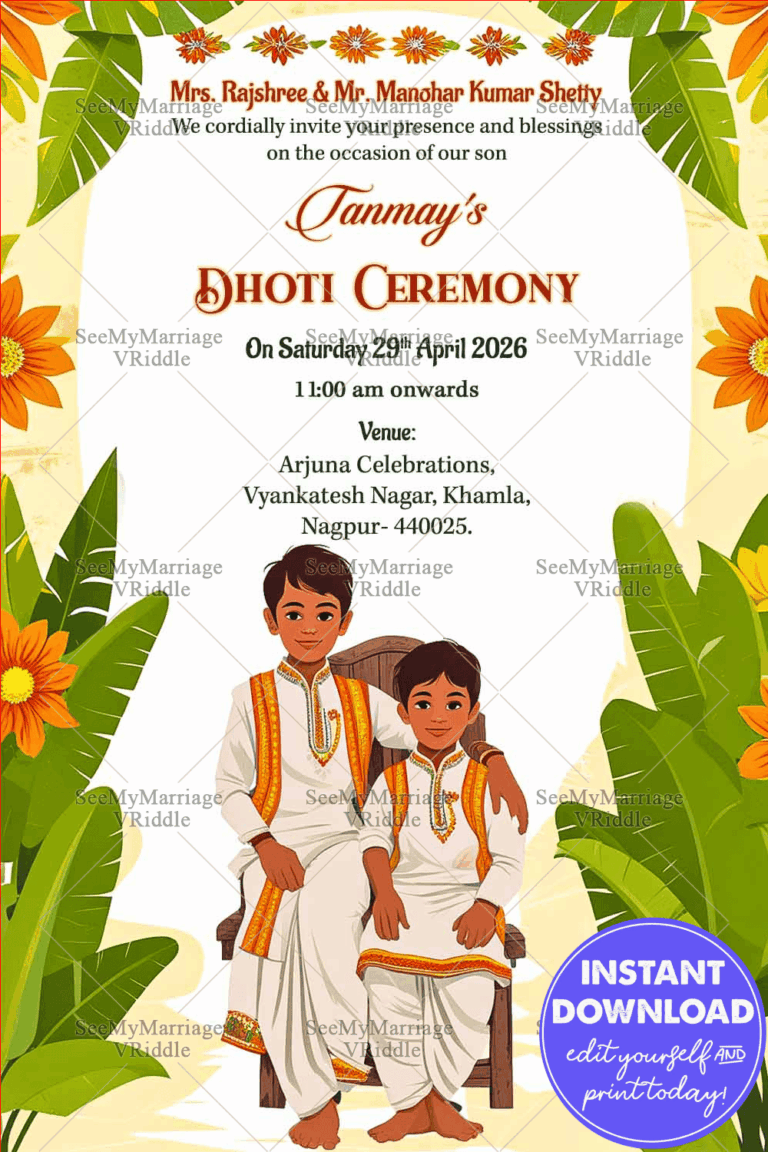Banana Leaves Themed Dhoti Ceremony Invitation with Boys Illustration and Floral Accents