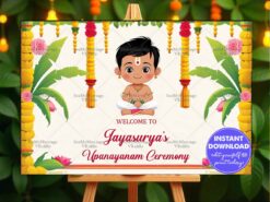Festive Upanayanam Welcome Banner with a Boy Illustration, Marigold Garlands and Floral Accents