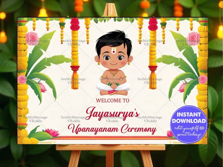 Festive Upanayanam Welcome Banner with a Boy Illustration, Marigold Garlands and Floral Accents