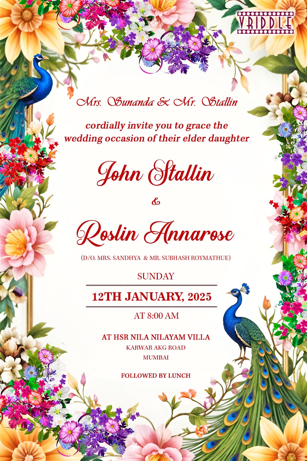 Beautiful Floral Accents Wedding Invitation with Peacock Illustration