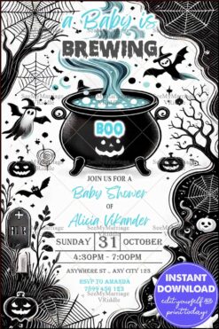 Black-Themed Spooky Baby Shower Invitation with Witchy Cauldron, Ghosts, and Halloween Elements