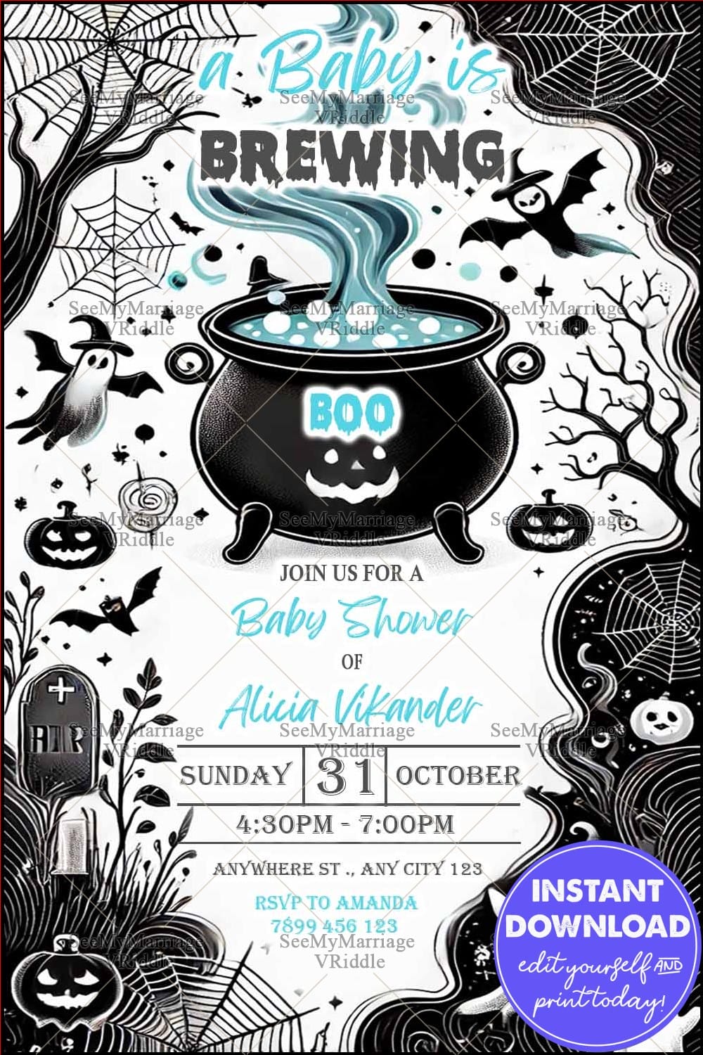Black-Themed Spooky Baby Shower Invitation with Witchy Cauldron, Ghosts, and Halloween Elements