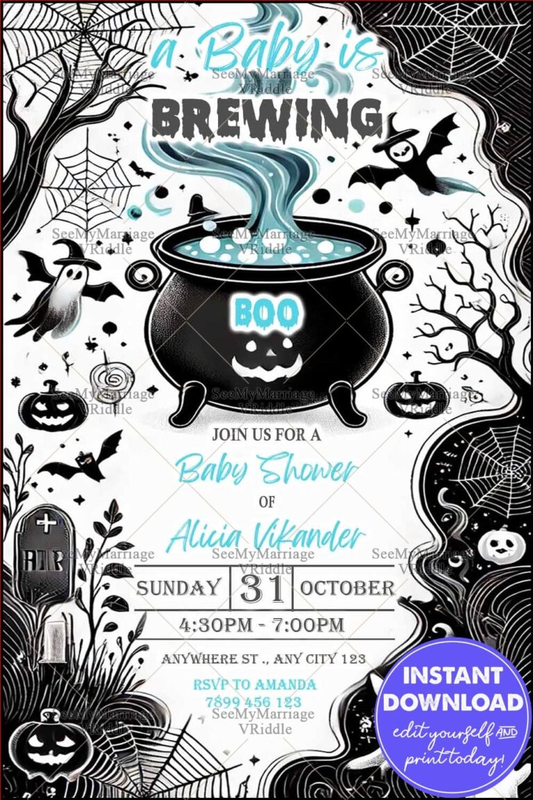 Black-Themed Spooky Baby Shower Invitation with Witchy Cauldron, Ghosts, and Halloween Elements