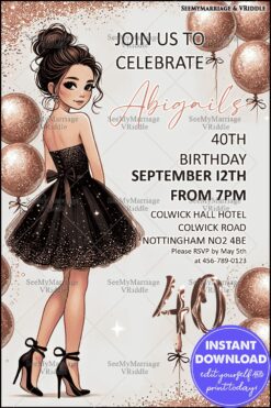 Black and Gold Glitter 40th Birthday Party Invitation with Festive Balloons and Stylish Design