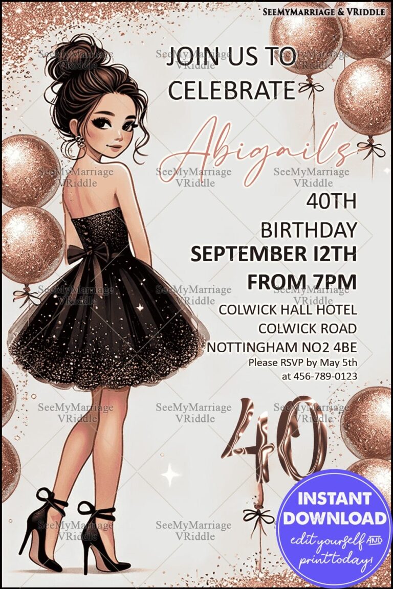 Black and Gold Glitter 40th Birthday Party Invitation with Festive Balloons and Stylish Design