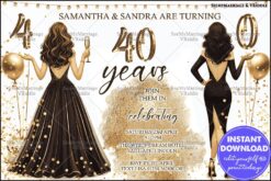 Black and Gold Joint 40th Birthday Invitation for Two with Glamorous Dresses and Sparkling Accents