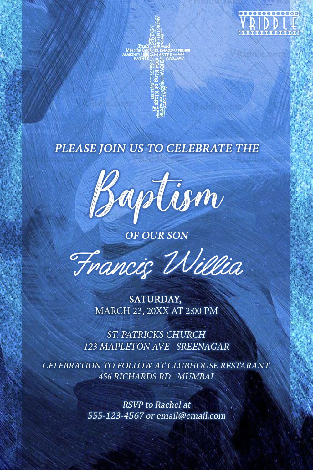 Blue Textured Baptism Announcement with Religious Elements