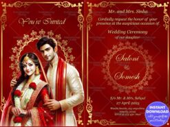 Bright Red and Gold Indian Wedding Invitation with Traditional Elements and Couple Image