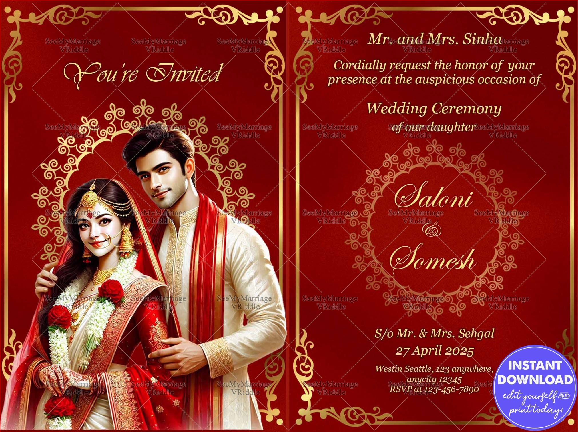 Bright Red and Gold Indian Wedding Invitation with Traditional Elements and Couple Image