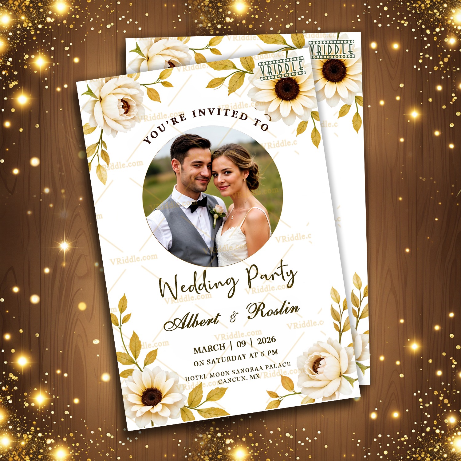 Floral-Themed Wedding Party Invitation with Ivory Flowers and Couple’s Portrait
