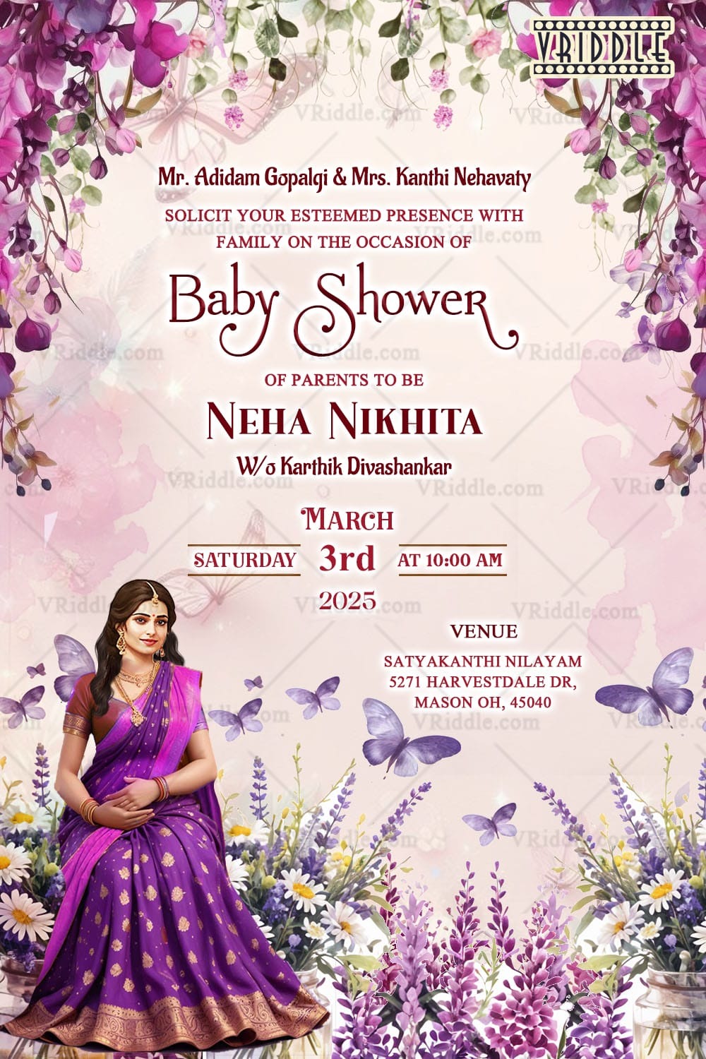Charming Baby Shower Invitation with Mother Illustration, Whimsical Butterfly Accents and Purple-Themed Design