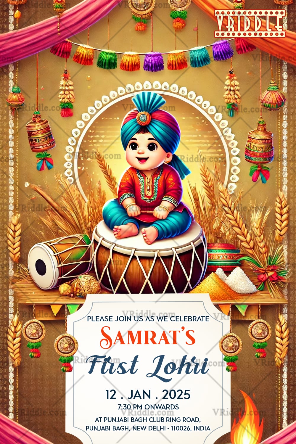 Cheerful Lohri Invitation with Baby’s First Festival, Dhol and Harvest Decor