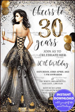 Chic Black and Gold Themed 30th Birthday Invitation with Champagne Confetti and Balloon Decors