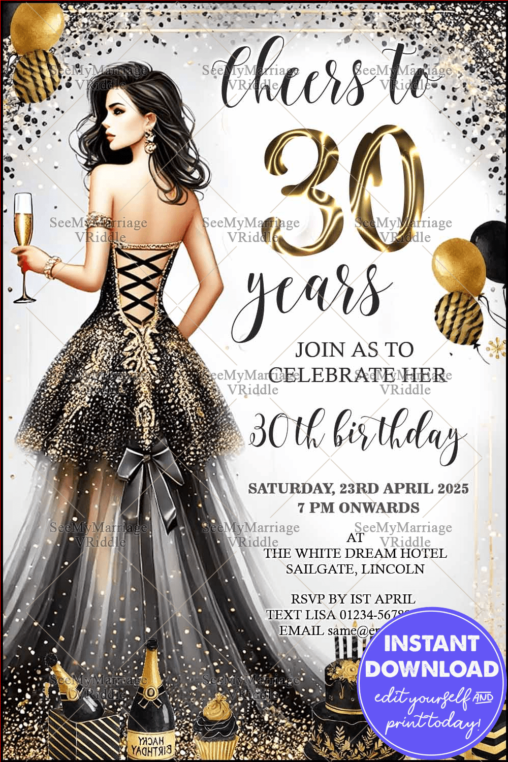 Chic Black and Gold Themed 30th Birthday Invitation with Champagne Confetti and Balloon Decors