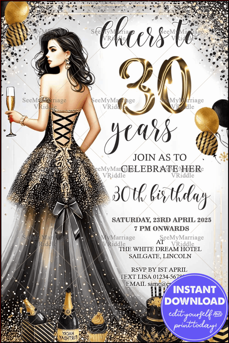 Chic Black and Gold Themed 30th Birthday Invitation with Champagne Confetti and Balloon Decors
