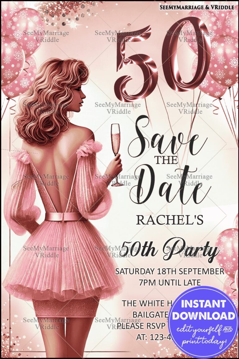 Chic Pink and Gold 50th Birthday Save-the-Date Invitation with Balloons, Glitter and Glamorous Dress