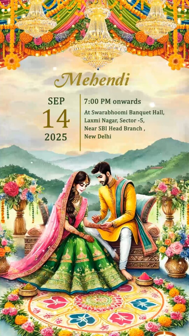 Colorful Caricature Theme Wedding Invitation Video with Bride and Groom Illustration and Hilltop Backdrop