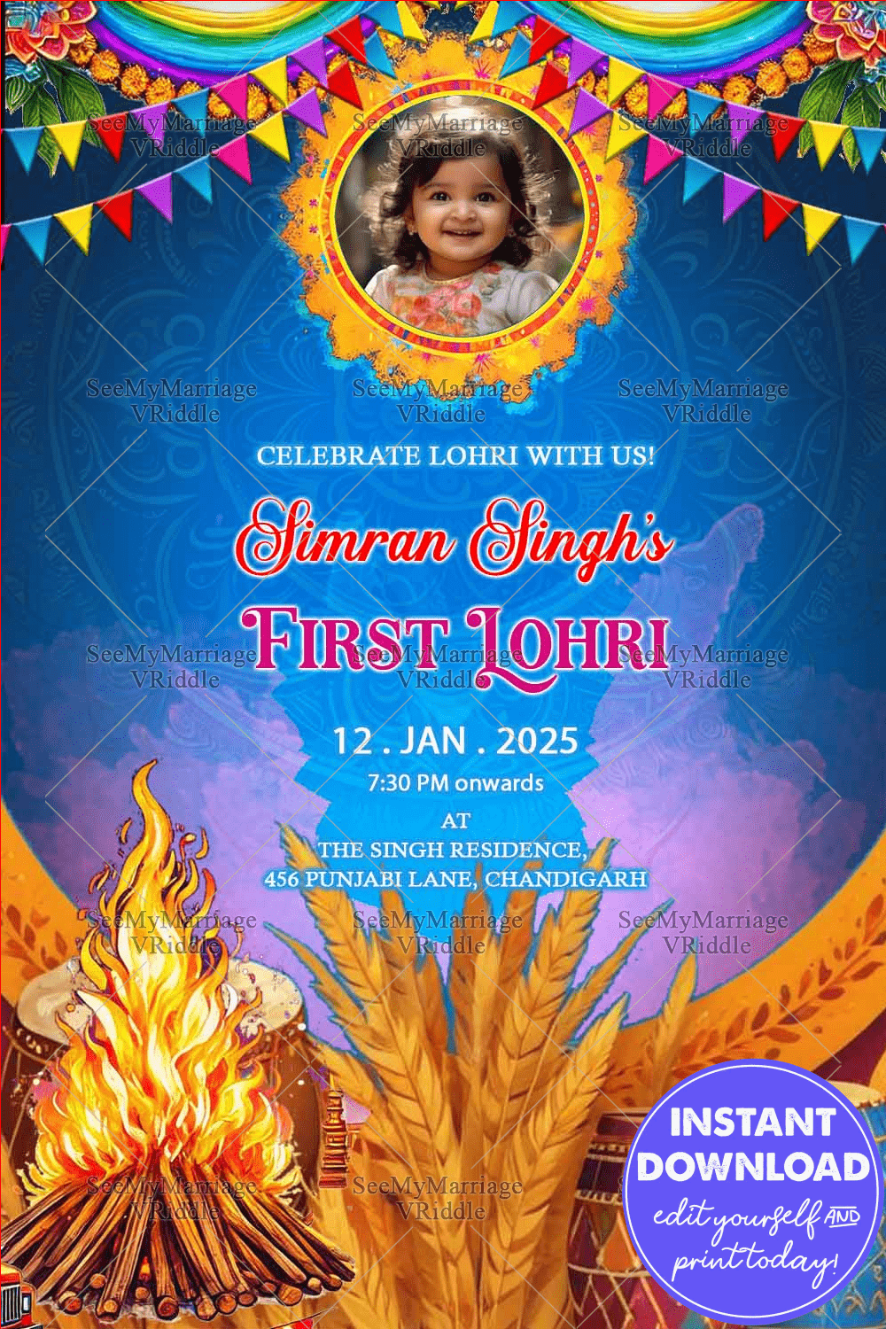 Colorful Lohri Celebration Invitation with Photo and Festive Decor