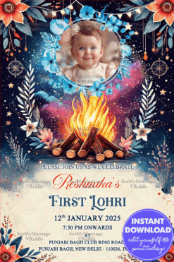 Colorful Lohri Celebration Invitation with Starry Theme, Floral Accents and Bonfire