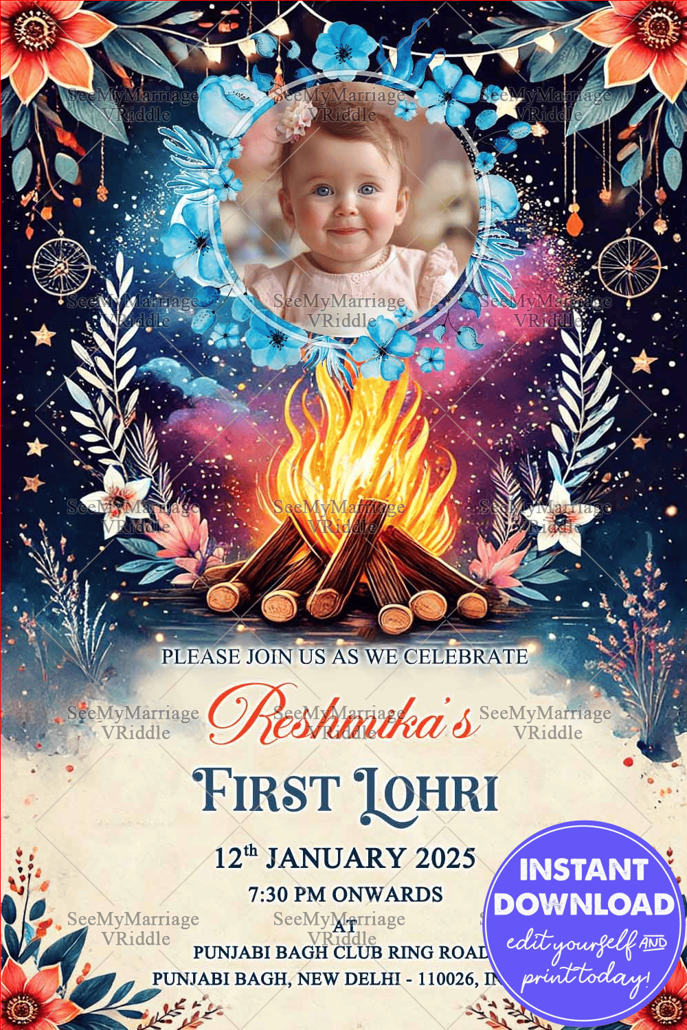 Colorful Lohri Celebration Invitation with Starry Theme, Floral Accents and Bonfire