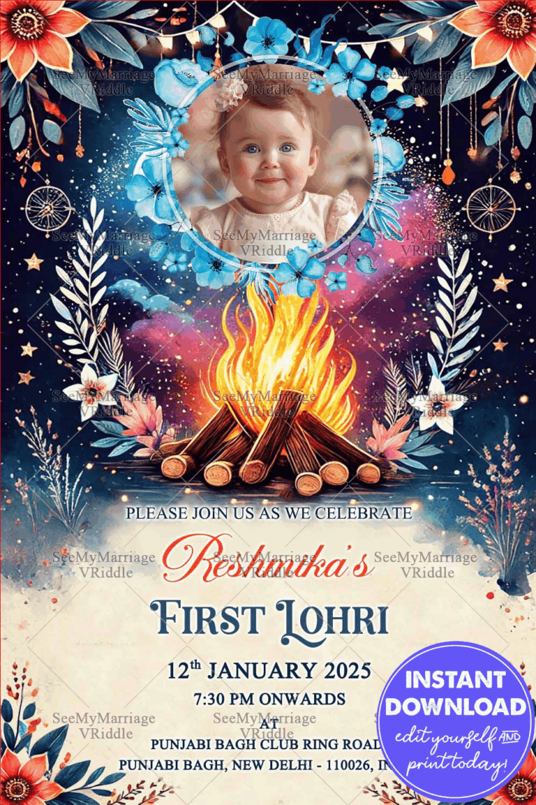 Colorful Lohri Celebration Invitation with Starry Theme, Floral Accents and Bonfire