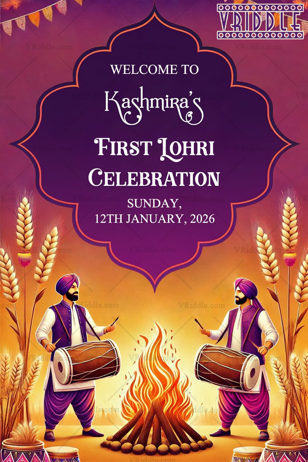 Cultural Punjabi Lohri Poster Design with Warm Golden Tones & Fire Motif