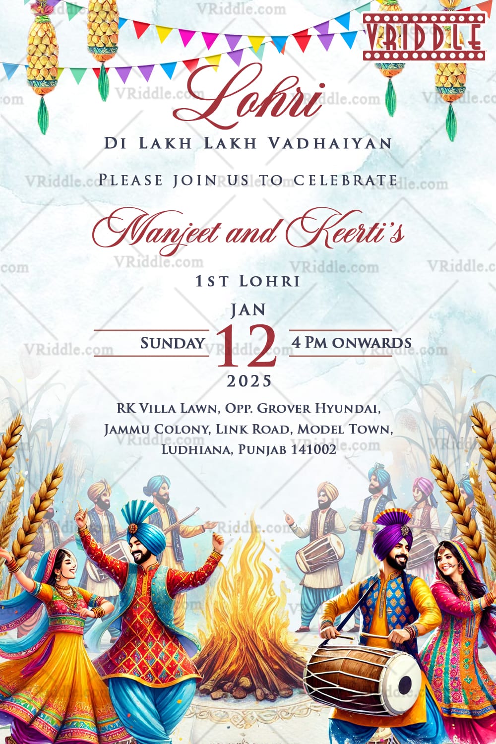 Dhol Beats Lohri Invitation with Traditional Dancers, Fire and Wheat Decor