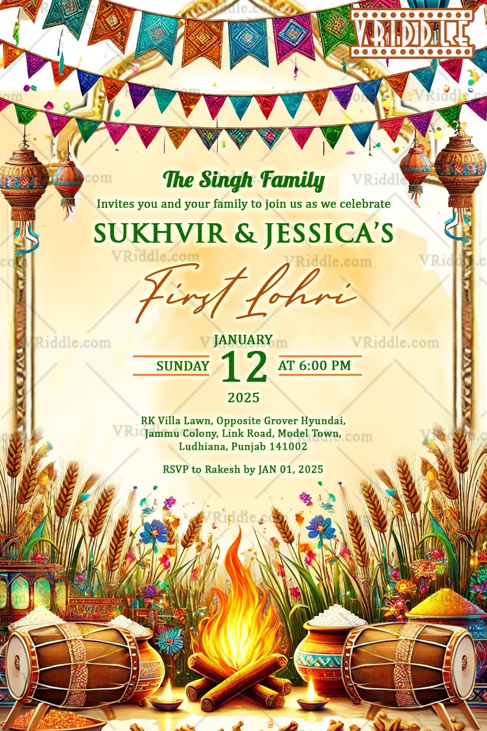 Festive Buntings Lohri Invitation with Harvest Elements, Vibrant Bonfire Theme and Dhol