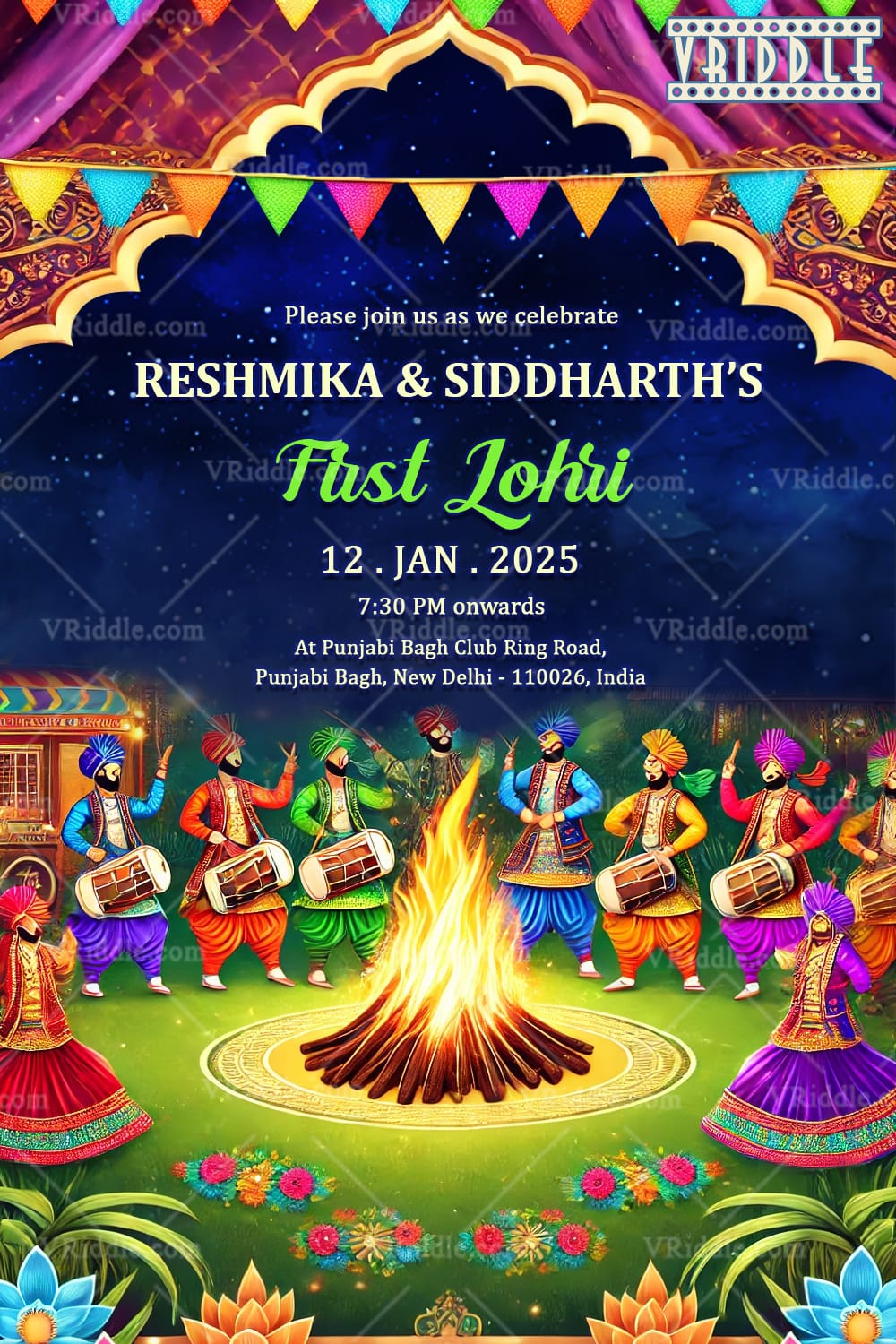 Traditional Lohri Invitation with Dhol Players and Dancers Around Bonfire