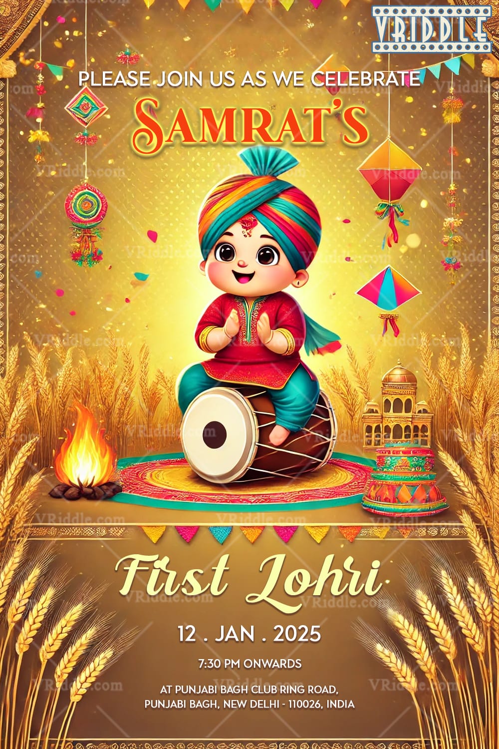 Playful Lohri Invitation with Festive Baby Theme with Kites and Bonfire