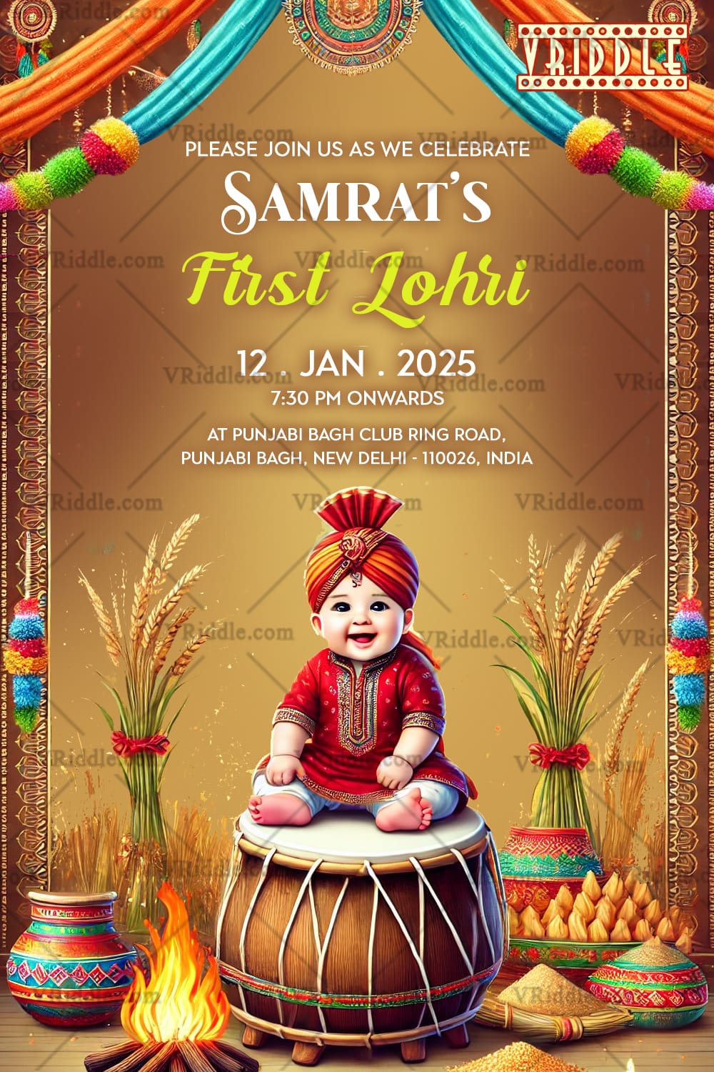 Cute Lohri Invitation with Baby Boy Highlight and Harvest Elements