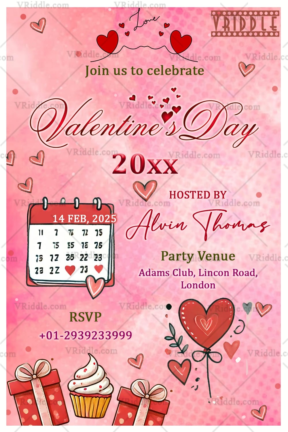 Romantic Valentine's Day Party Invitation with Hearts, Calendar & RSVP Details