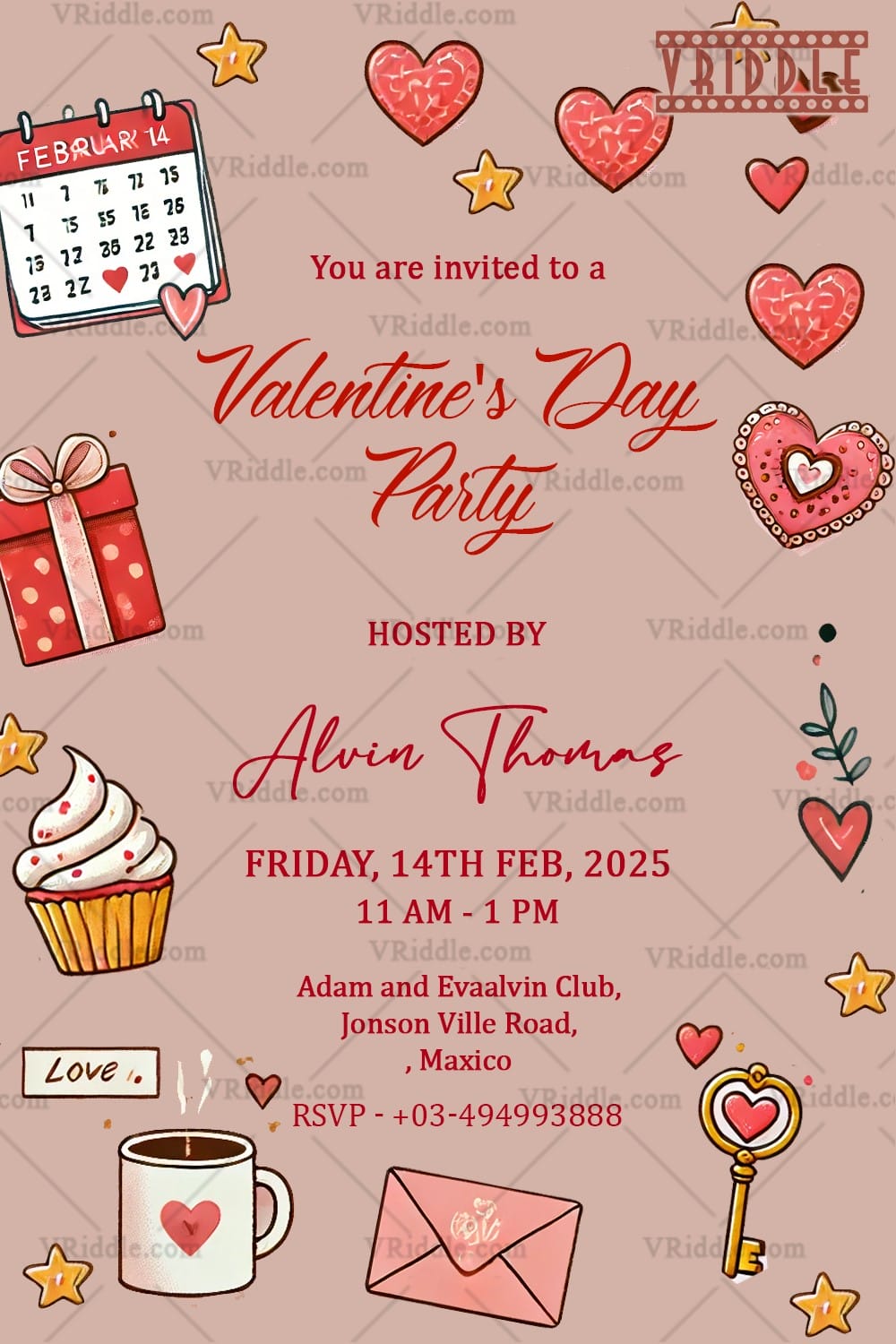 Elegant Valentine's Day Invitation with Gifts, Cupcake & RSVP Details