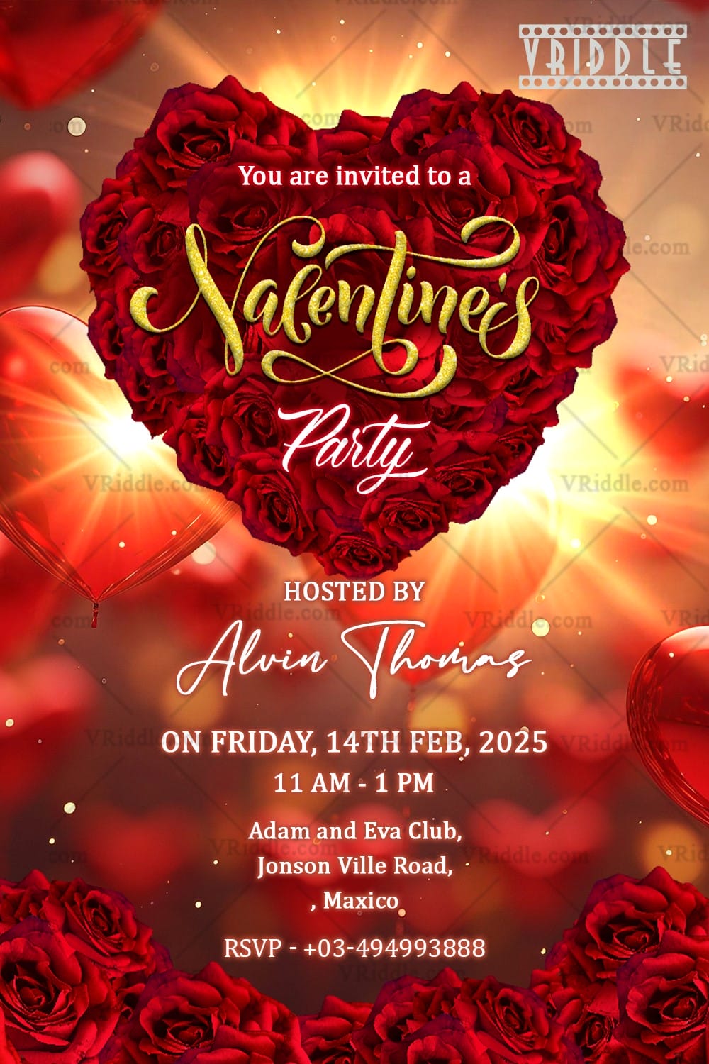 Heartfelt Design Valentine's Day Party Invitation with Floral Heart & Festive Details