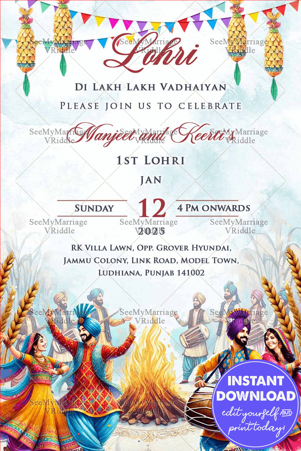 Dhol Beats Lohri Invitation with Traditional Dancers, Fire and Wheat Decor