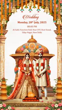 Digital Art Wedding Invitation Video with Bride & Groom Caricature, Royal Mandap & Floral Decor