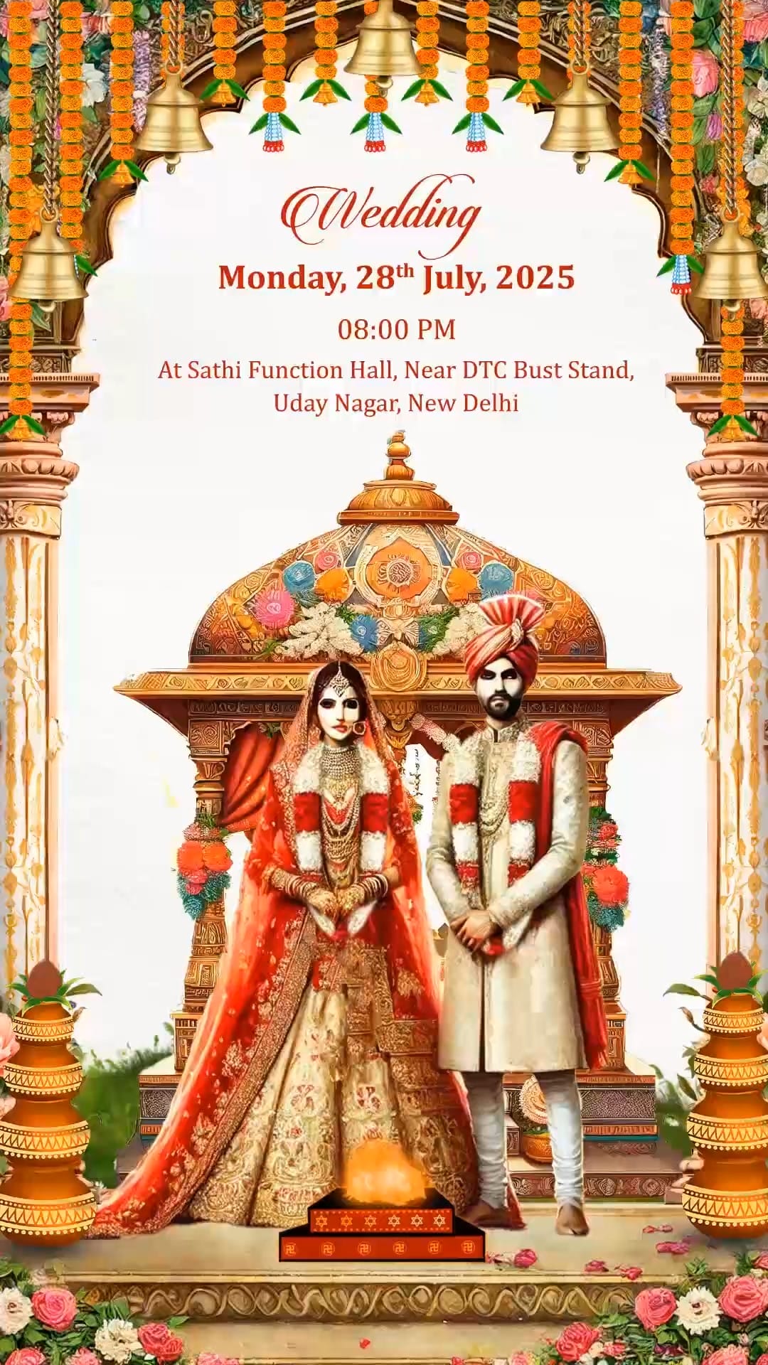 Digital Art Wedding Invitation Video with Bride & Groom Caricature, Royal Mandap & Floral Decor