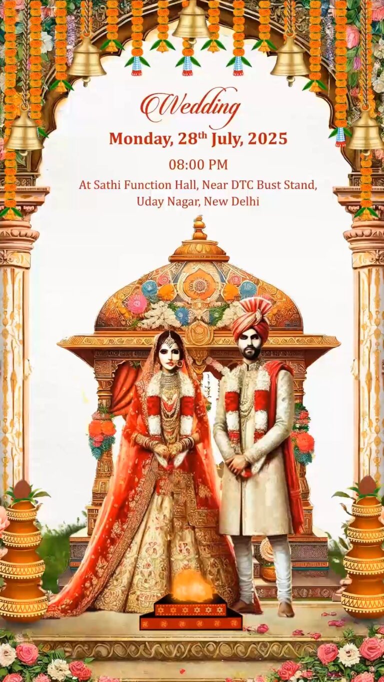 Digital Art Wedding Invitation Video with Bride & Groom Caricature, Royal Mandap & Floral Decor