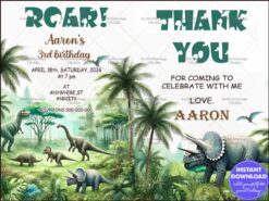 Dinosaur-Themed 3rd Birthday Invitation with Roaring Jurassic Forest Design and Matching Thank You Note