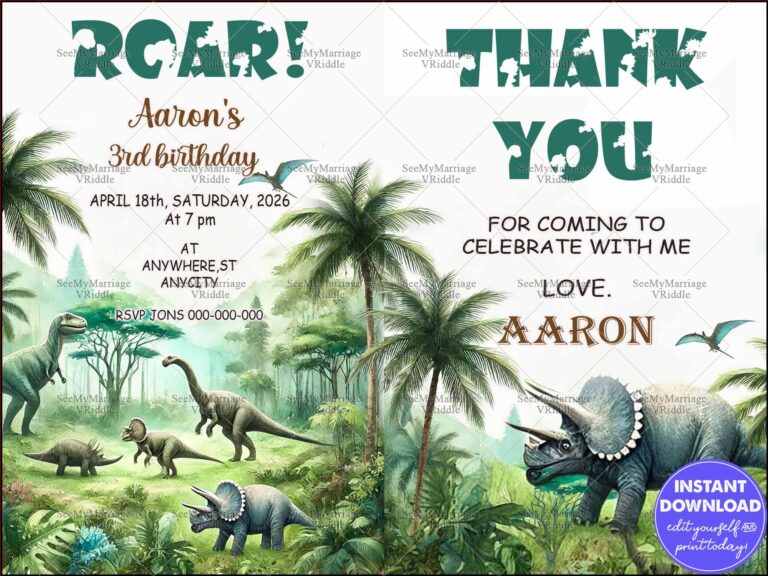 Dinosaur-Themed 3rd Birthday Invitation with Roaring Jurassic Forest Design and Matching Thank You Note