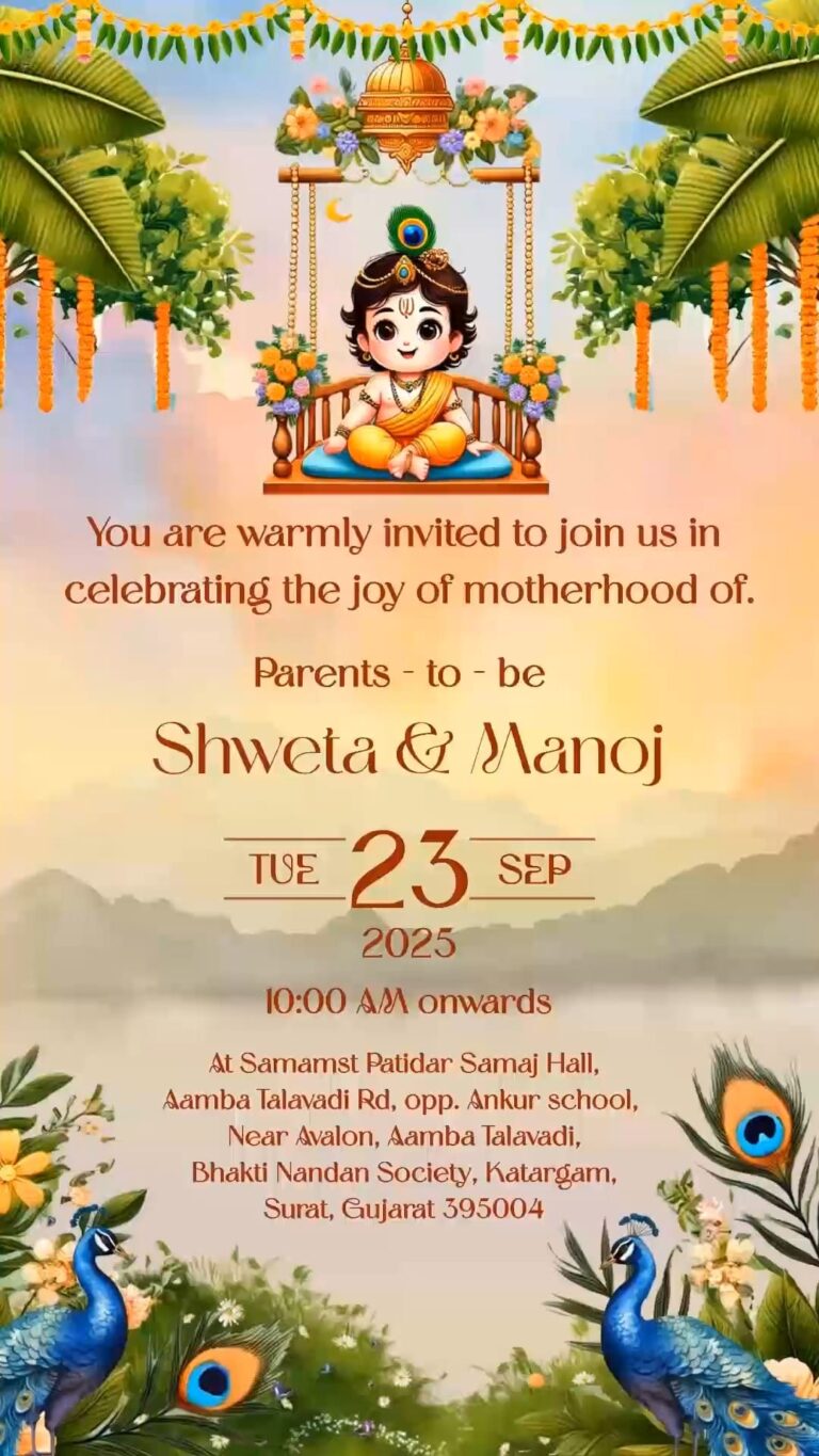 Elegance Krishna Swing Baby Shower Invitation Video with Peacock and Floral Design