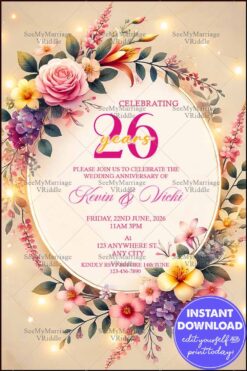 Elegant 26th Wedding Anniversary Invitation with Romantic Florals and Gold Circular Frame