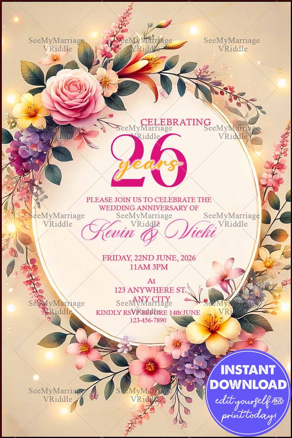Elegant 26th Wedding Anniversary Invitation with Romantic Florals and Gold Circular Frame